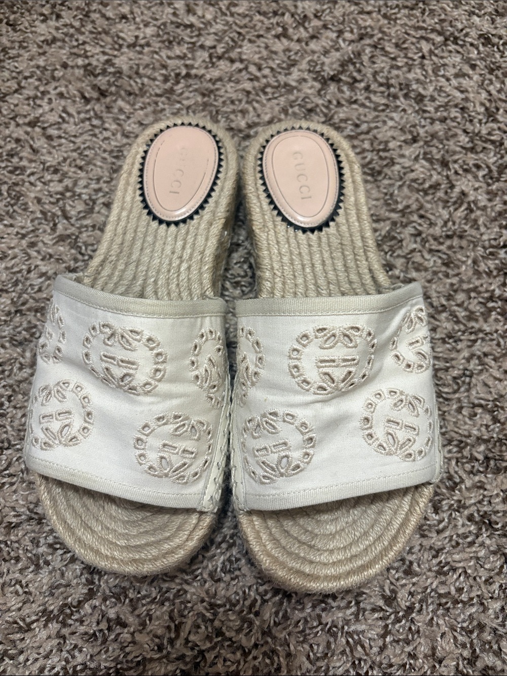 Gucci Cream Embroidered Raffia Slide Mules